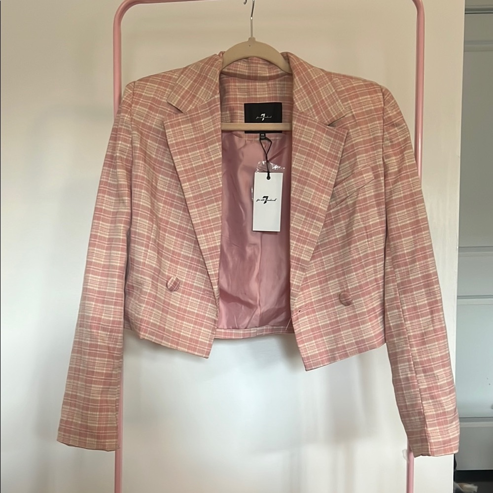 7 for all mankind crop plaid pink Tailored Blazer with Classic Lapel